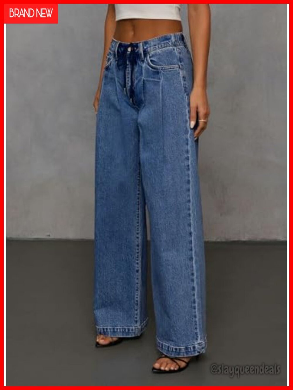 Wide Leg High Waisted Baggy Drawstring Denim Jeans Stretchy Elastic Waist - Picture 2 of 6
